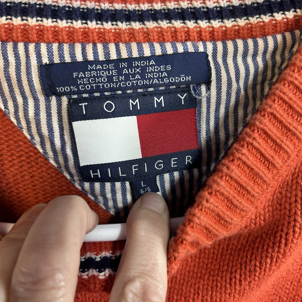Y2K Tommy Hilfiger Sweater Men's L Heavyweight Crew Neck Orange - Picture 4 of 5